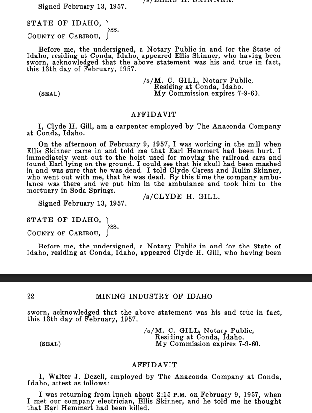 Affidavits in the 1957 Idaho mining report